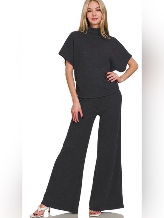 Zenana Tops - Zenana Sweater Mock Neck Top & Long Pants Set Black Size Large